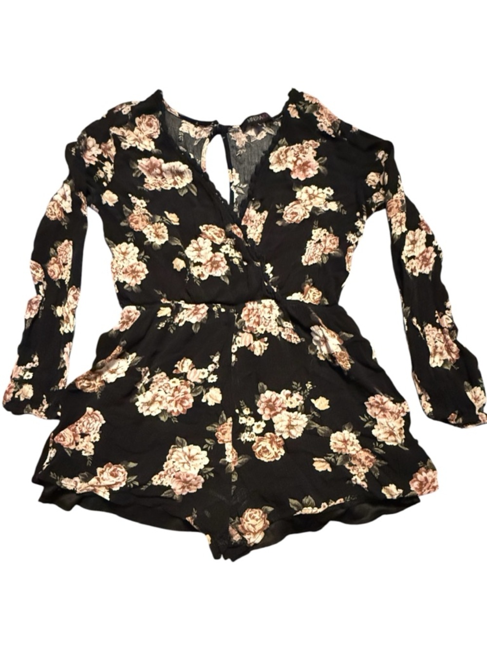 minerva401 Black Floral Romper with Pink & Cream Roses